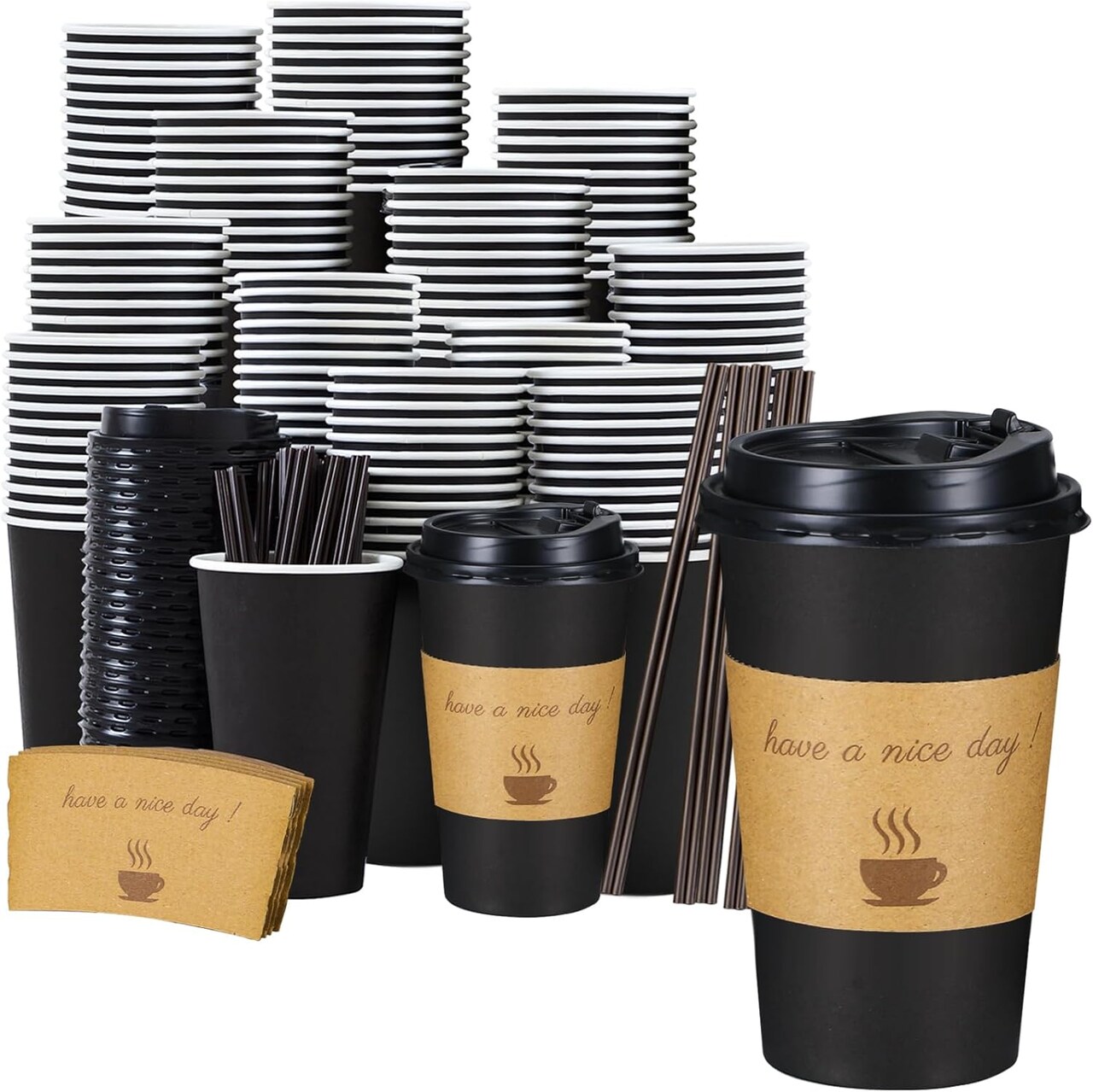 16 OZ Coffee Cups 50 Pack, 16 Ounce To Go Cups with Lids, Stir Sticks and Sleeves, 16 Ounce Disposable Coffee Cup, 16 OZ Black Hot Paper Cup for Home, Travel, Office